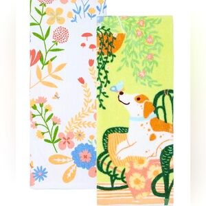 Set of 2 Puppy Dog In Garden Chair Kitchen Towels Flowers Butterfly